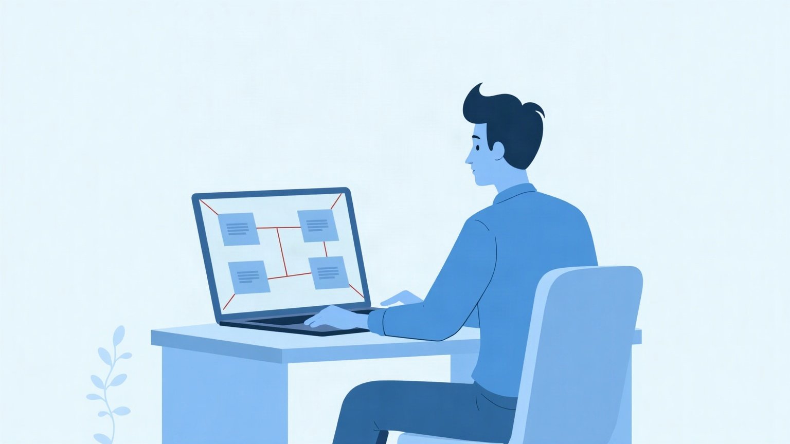 Illustration d’un freelance devant un ordinateur affichant un schéma d’automatisation dont les blocs sont reliés par des flèches