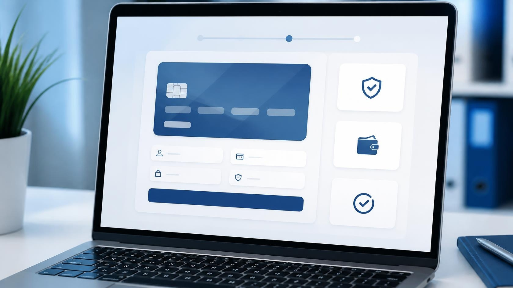 Ordinateur portable affichant un formulaire de paiement en ligne stylise, ambiance bureau moderne