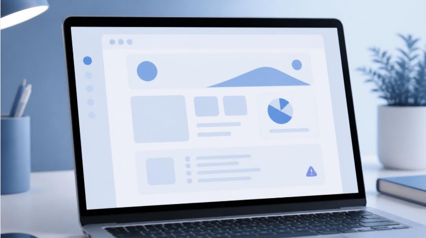 Ordinateur portable affichant une page web avec une icône d'avertissement discrète