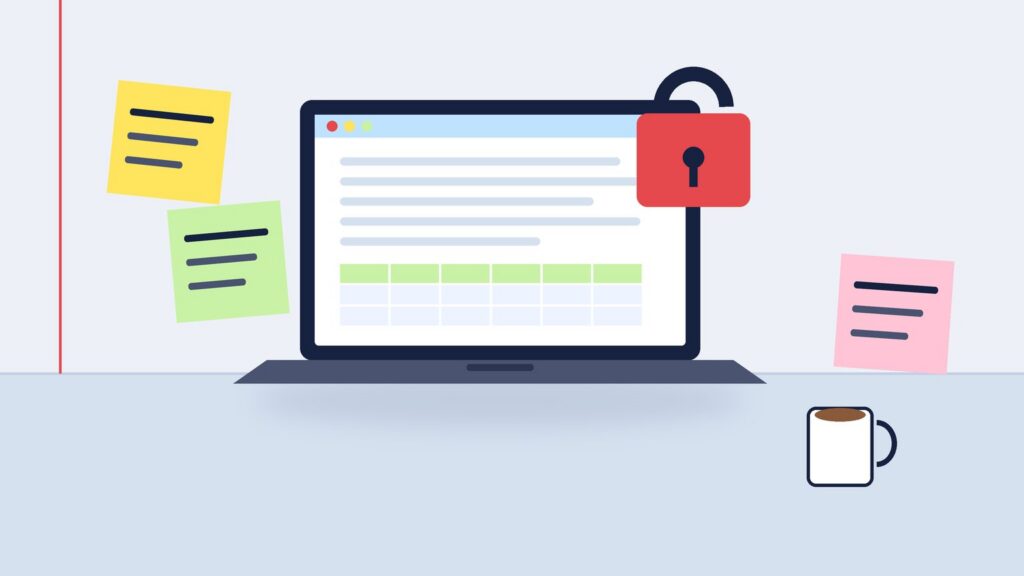 Illustration : ordinateur portable ouvert sur un document et un tableau, avec un cadenas rouge ouvert près de l'écran, post-it et tasse sur un bureau