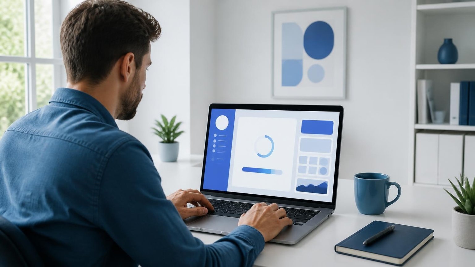 Illustration : un freelance installe un logiciel sur son ordinateur portable dans un bureau lumineux