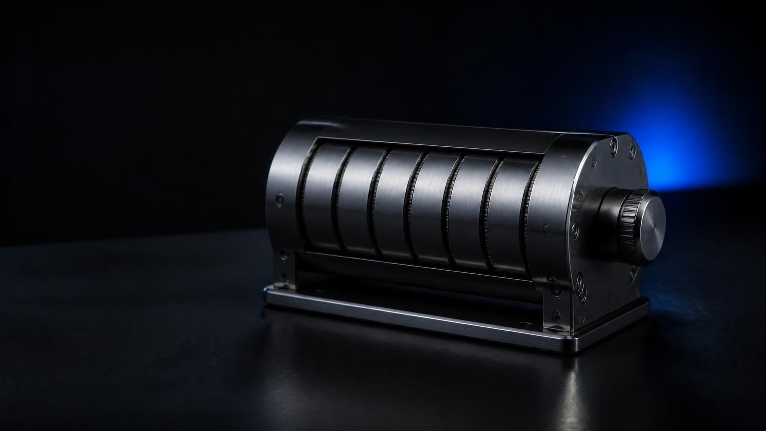 compteur mecanique a molettes sur un bureau sombre