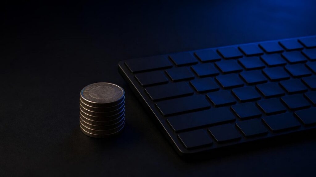 pile de pieces de monnaie et clavier