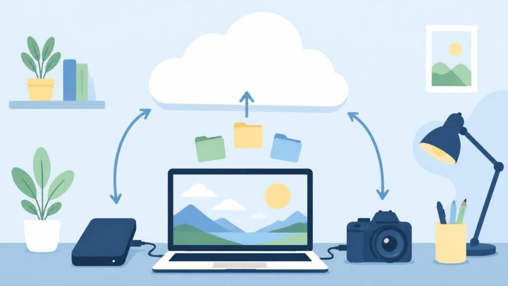 Illustration : bureau de freelance avec un ordinateur portable, un disque dur externe et un appareil photo reliés par des flèches à un grand nuage, des dossiers colorés montent vers le nuage