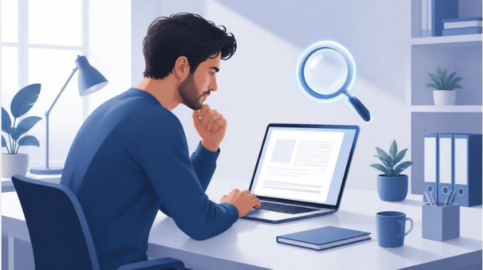 Freelance qui relit un texte sur son ordinateur portable, avec une loupe symbolisant la vérification
