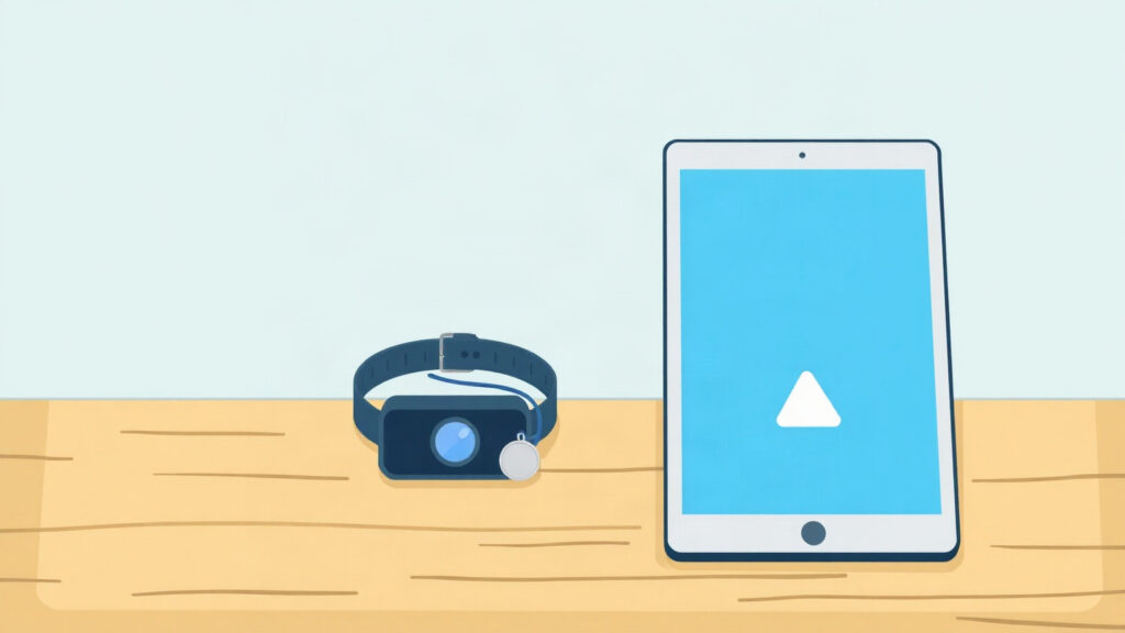 Illustration : un boîtier de caméra, un collier de chien avec une médaille vierge et une tablette affichant un triangle de lecture, posés sur une table en bois