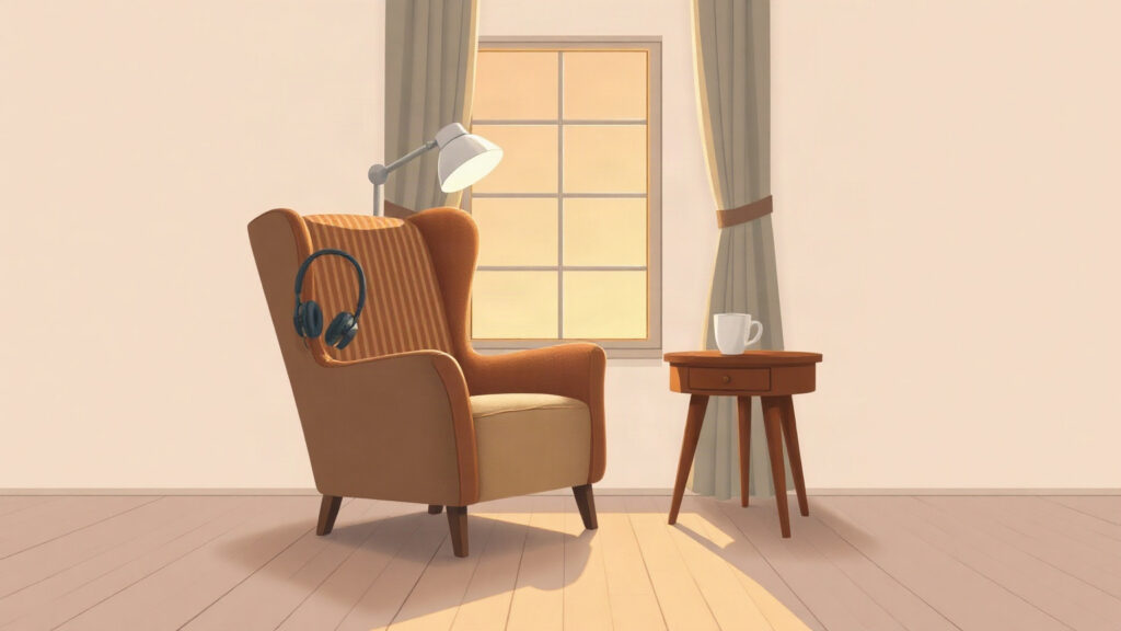 Fauteuil confortable près d’une fenêtre, casque audio et tasse de thé sur une table d’appoint, pour écouter un livre audio