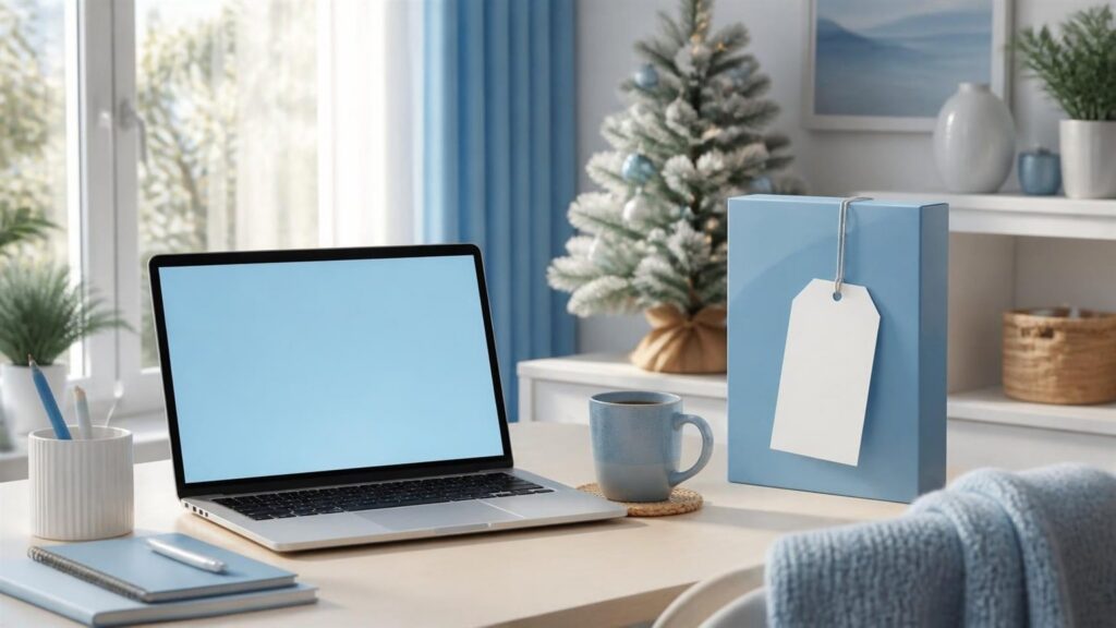 Bureau de freelance lumineux avec ordinateur portable, tasse de café, petit sapin et boîte de logiciel bleue à étiquette vierge