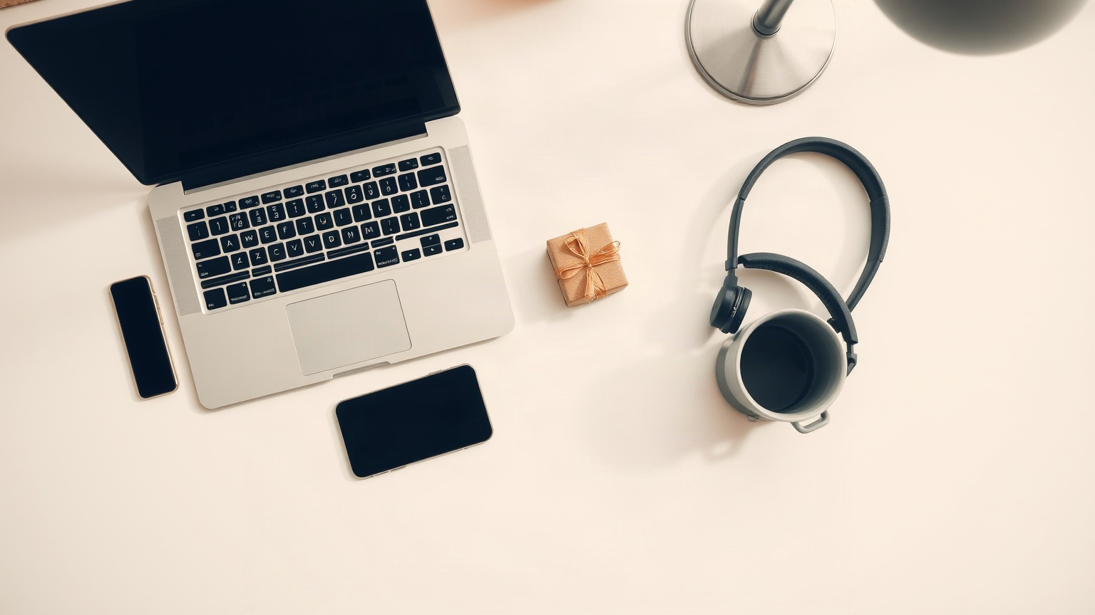 Bureau lumineux vu de dessus : ordinateur portable, téléphone, casque audio et un petit cadeau noué d’un ruban