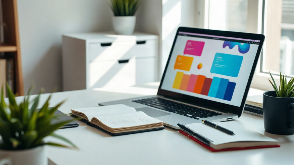 Bureau lumineux d'indépendant, ordinateur portable affichant des fiches de contacts colorées rangées en colonnes, carnets et plantes