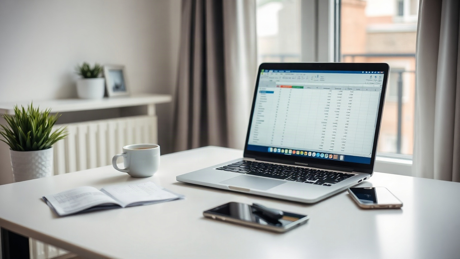 Image générée : un bureau à domicile avec un ordinateur portable, un café et quelques factures papier près d’une fenêtre