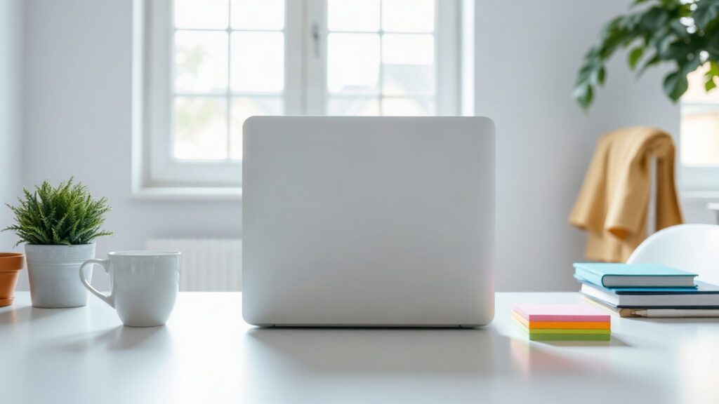 Bureau lumineux d’un indépendant : ordinateur portable vu de dos, tasse et notes colorées