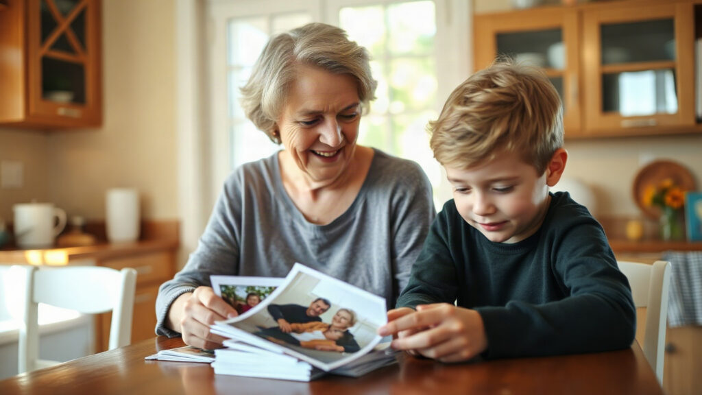 Une grand-mère et son petit-fils regardent des photos de famille imprimées à la table de la cuisine