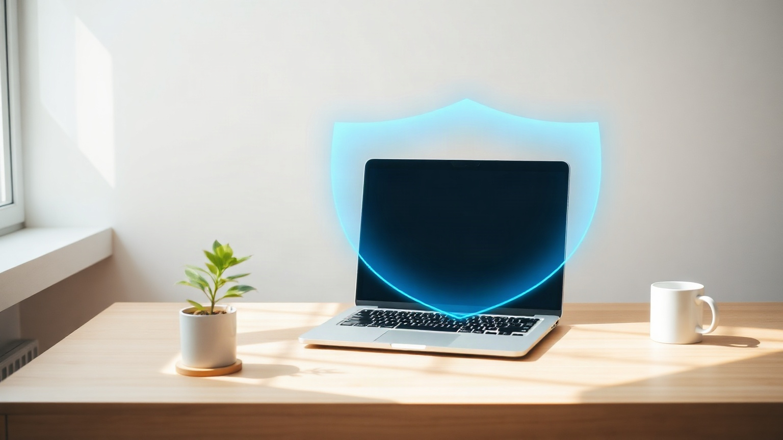 Bureau lumineux d’indépendant : ordinateur portable protégé par un bouclier bleu translucide, plante et tasse