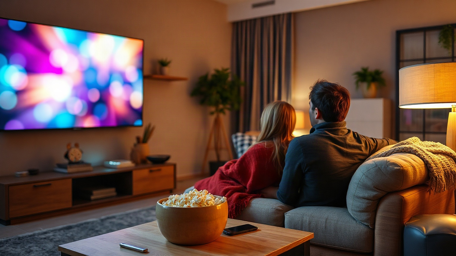 Un couple sur un canapé regarde une série sur un grand téléviseur, bol de pop-corn et télécommande sur la table basse