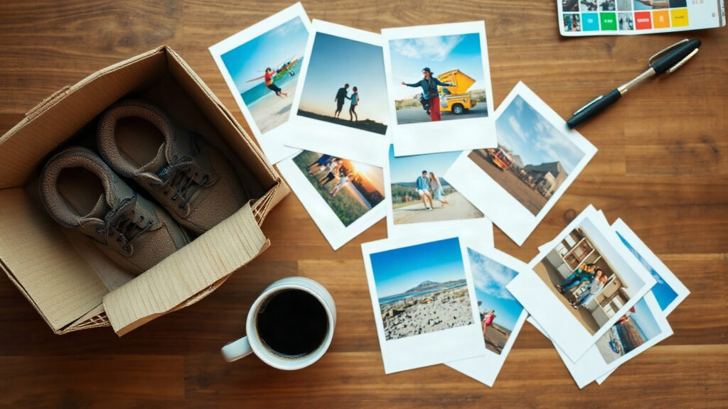 Photos de vacances imprimées étalées sur une table en bois à côté d’une tasse de café