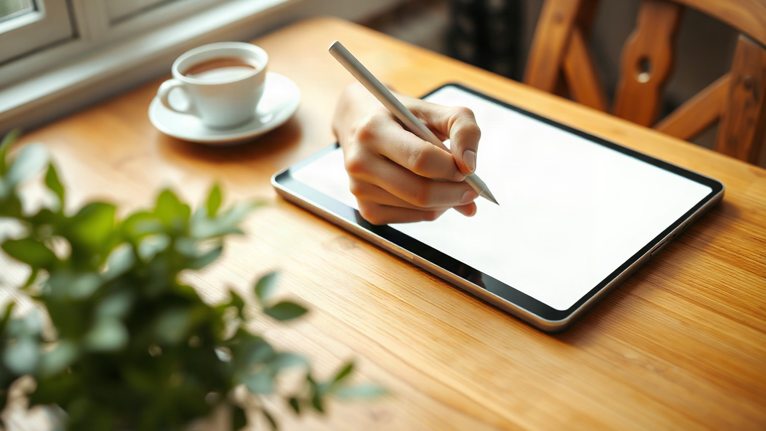 Main qui tient un stylet au-dessus d’une tablette posée sur une table en bois