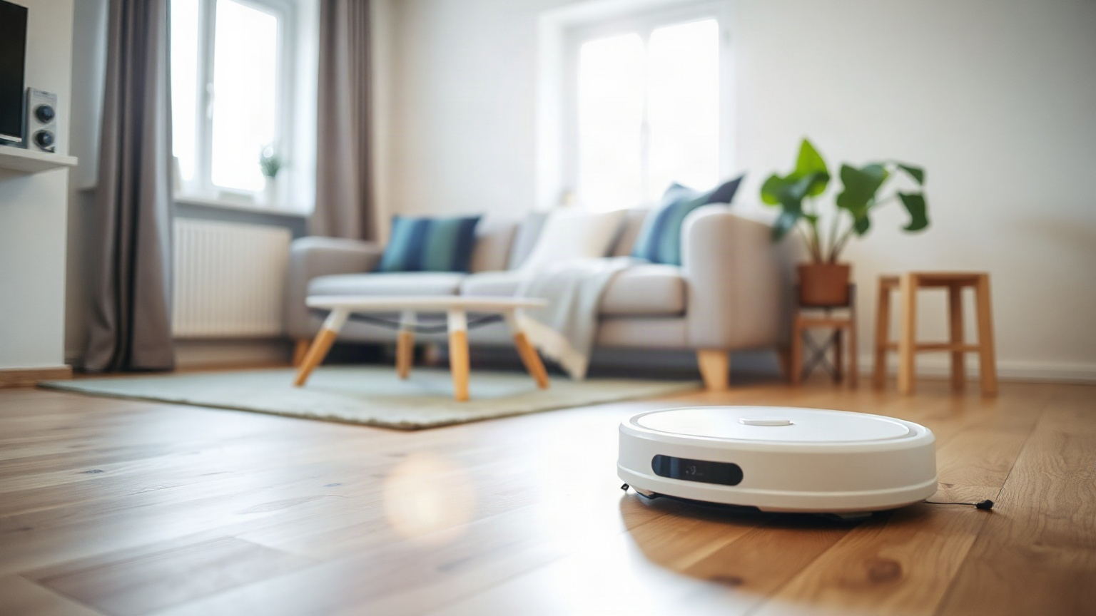 Robot aspirateur blanc sur un parquet clair dans un salon lumineux, canapé et plante en arrière-plan